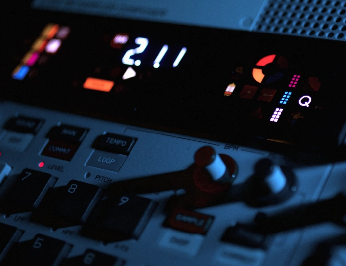 A closeup of a Teenage Engineering EP-133 sampler composer.